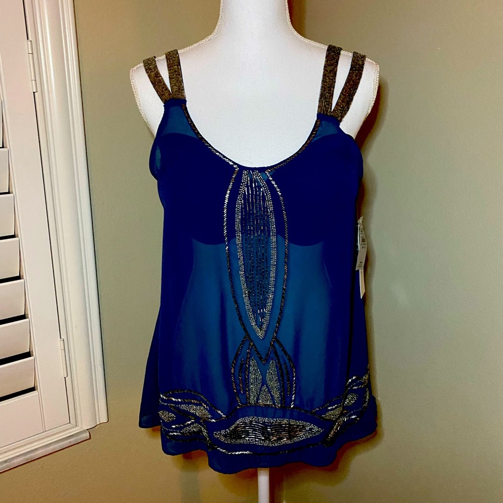 Sheer blue tank top with double straps, beaded details  - new with tags